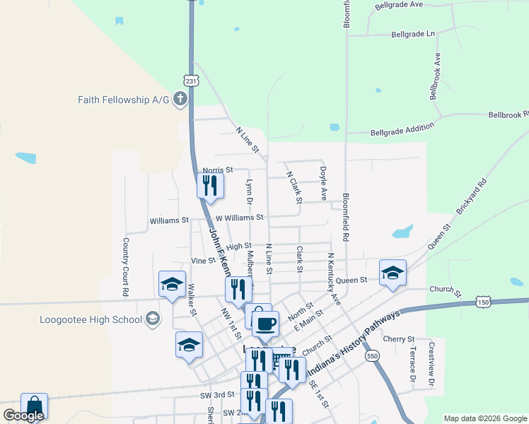 map of restaurants, bars, coffee shops, grocery stores, and more near 900 North Line Street in Loogootee