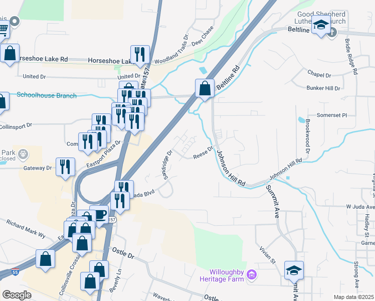 map of restaurants, bars, coffee shops, grocery stores, and more near 616 Reese Drive in Collinsville