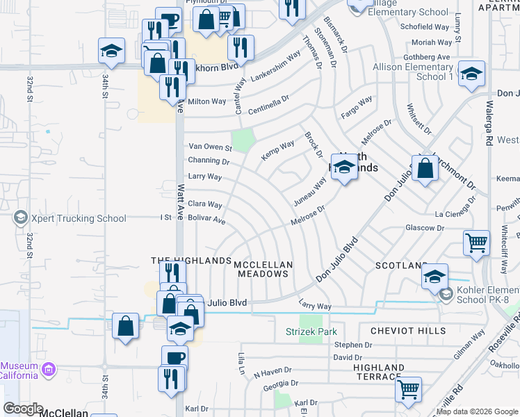 map of restaurants, bars, coffee shops, grocery stores, and more near 6420 Grattan Way in North Highlands