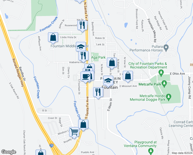 map of restaurants, bars, coffee shops, grocery stores, and more near 200n North Race Street in Fountain