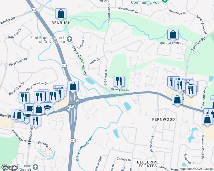 map of restaurants, bars, coffee shops, grocery stores, and more near 1204 Oldfarm Drive in St. Louis