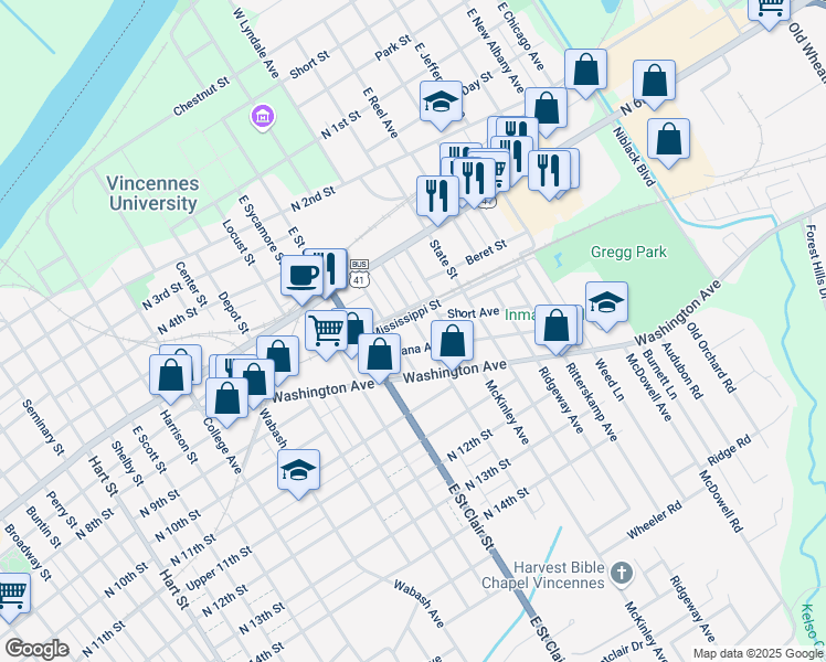 map of restaurants, bars, coffee shops, grocery stores, and more near 809 De Wolf Street in Vincennes