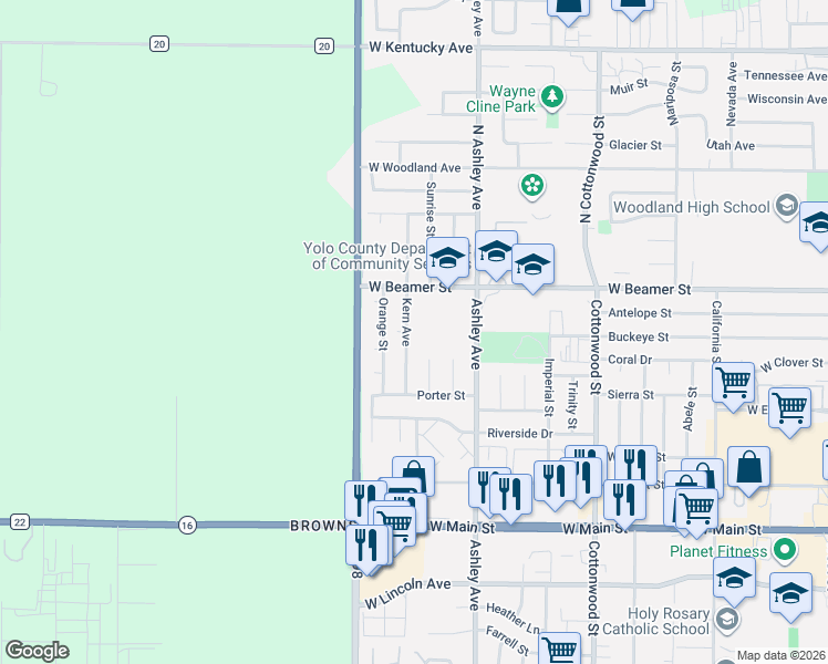map of restaurants, bars, coffee shops, grocery stores, and more near 29 Kern Avenue in Woodland