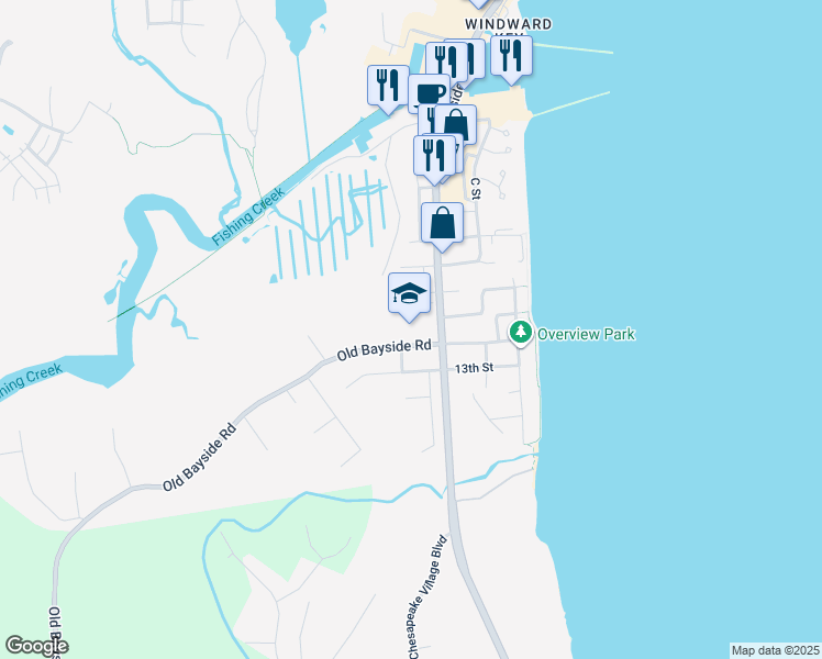 map of restaurants, bars, coffee shops, grocery stores, and more near 7900 Old Bayside Road in Chesapeake Beach