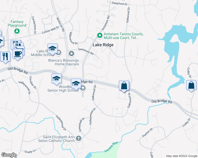 map of restaurants, bars, coffee shops, grocery stores, and more near 2839 Cambridge Drive in Woodbridge
