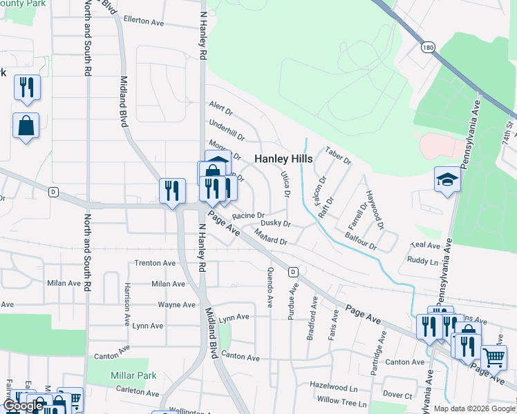 map of restaurants, bars, coffee shops, grocery stores, and more near 7817 Madison Drive in St. Louis