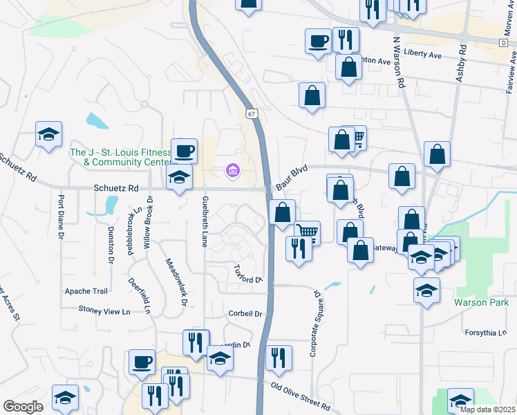 map of restaurants, bars, coffee shops, grocery stores, and more near 10321 Briar Hollow Drive in St. Louis