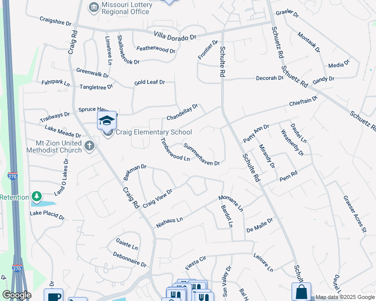 map of restaurants, bars, coffee shops, grocery stores, and more near 11716 Summerhaven Drive in St. Louis