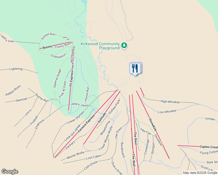 map of restaurants, bars, coffee shops, grocery stores, and more near 1215 Kirkwood Meadows Drive in Kirkwood