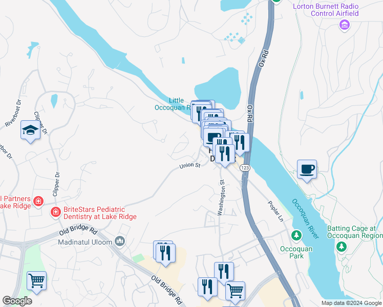 map of restaurants, bars, coffee shops, grocery stores, and more near 388 Myrtle Place in Occoquan