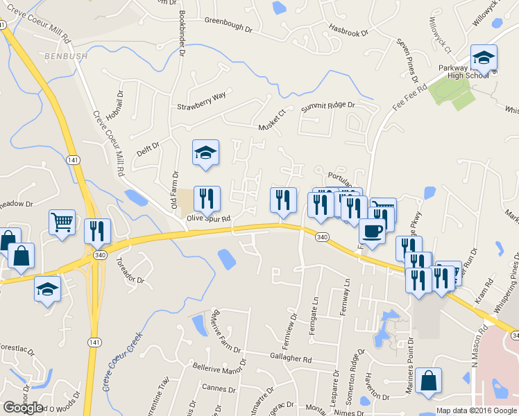 map of restaurants, bars, coffee shops, grocery stores, and more near 13105 Firtree Court in St. Louis