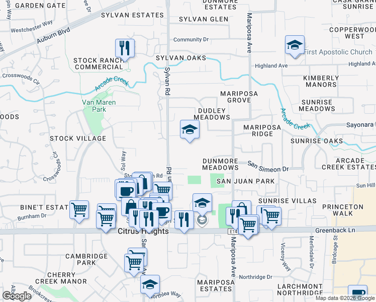 map of restaurants, bars, coffee shops, grocery stores, and more near 6444 Sylvan Road in Citrus Heights