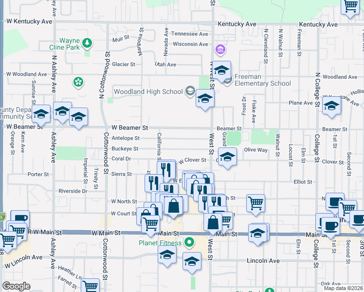 map of restaurants, bars, coffee shops, grocery stores, and more near 42 Buckeye Street in Woodland