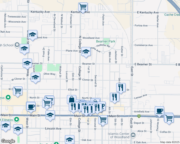 map of restaurants, bars, coffee shops, grocery stores, and more near 39 1st Street in Woodland