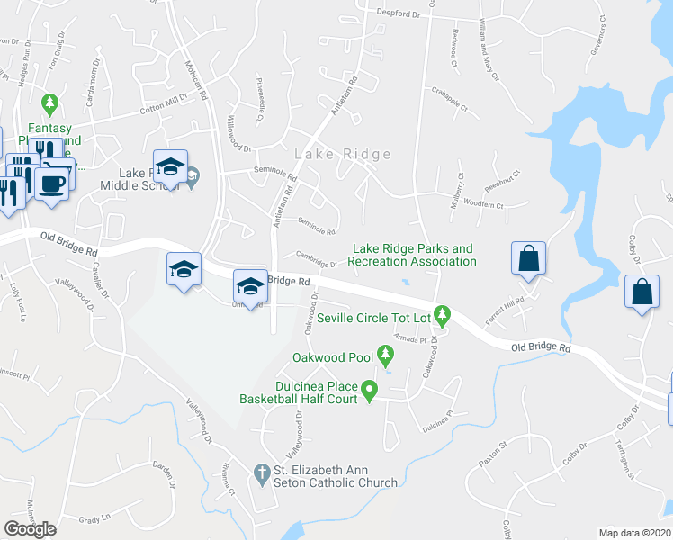 map of restaurants, bars, coffee shops, grocery stores, and more near 2831 Cambridge Drive in Woodbridge