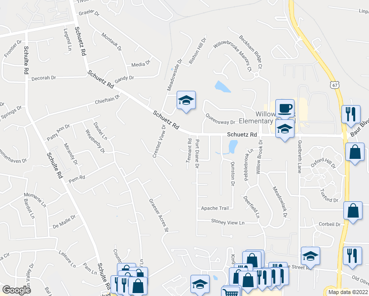 map of restaurants, bars, coffee shops, grocery stores, and more near 1255 Tennant Road in St. Louis