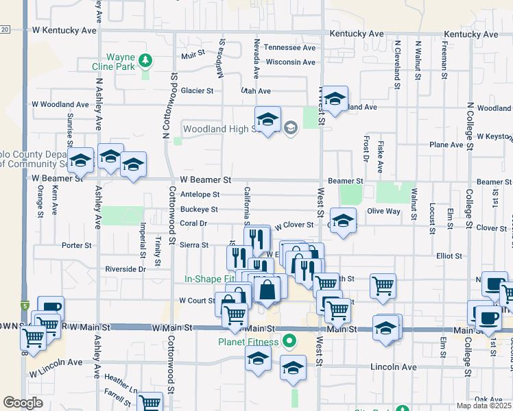 map of restaurants, bars, coffee shops, grocery stores, and more near 74 Buckeye Street in Woodland
