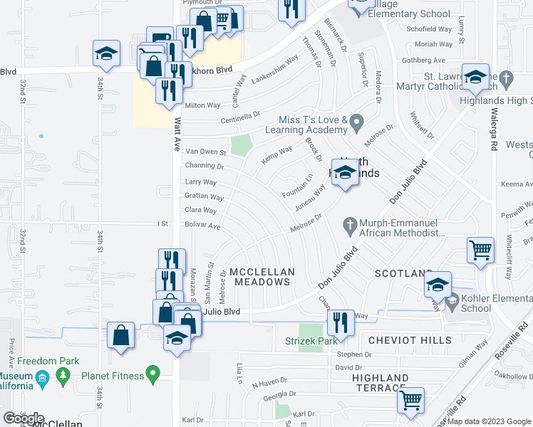 map of restaurants, bars, coffee shops, grocery stores, and more near 6421 Larry Way in North Highlands