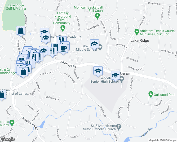 map of restaurants, bars, coffee shops, grocery stores, and more near 12509 Cassandra Court in Woodbridge