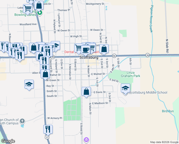 map of restaurants, bars, coffee shops, grocery stores, and more near 261 South Main Street in Scottsburg