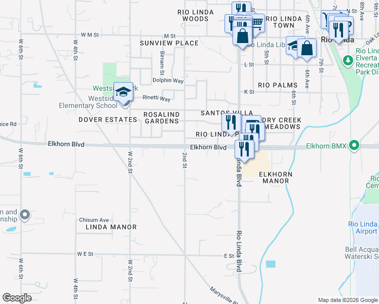 map of restaurants, bars, coffee shops, grocery stores, and more near 200 Elkhorn Boulevard in Rio Linda