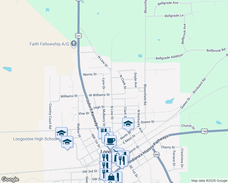 map of restaurants, bars, coffee shops, grocery stores, and more near 900 North Line Street in Loogootee