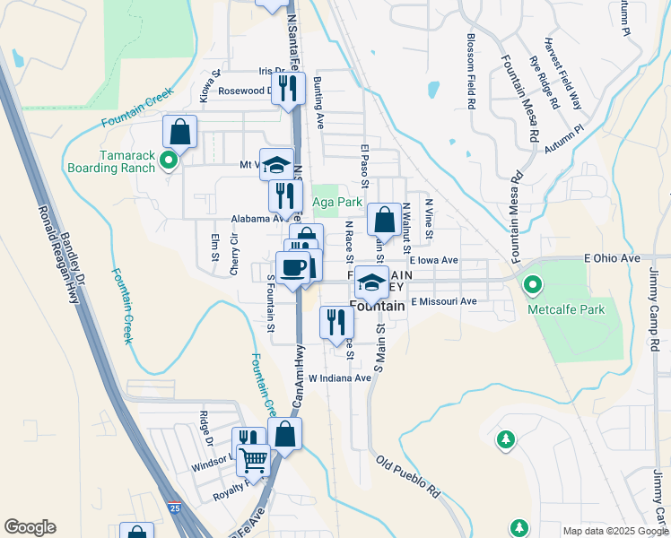 map of restaurants, bars, coffee shops, grocery stores, and more near 200n North Race Street in Fountain