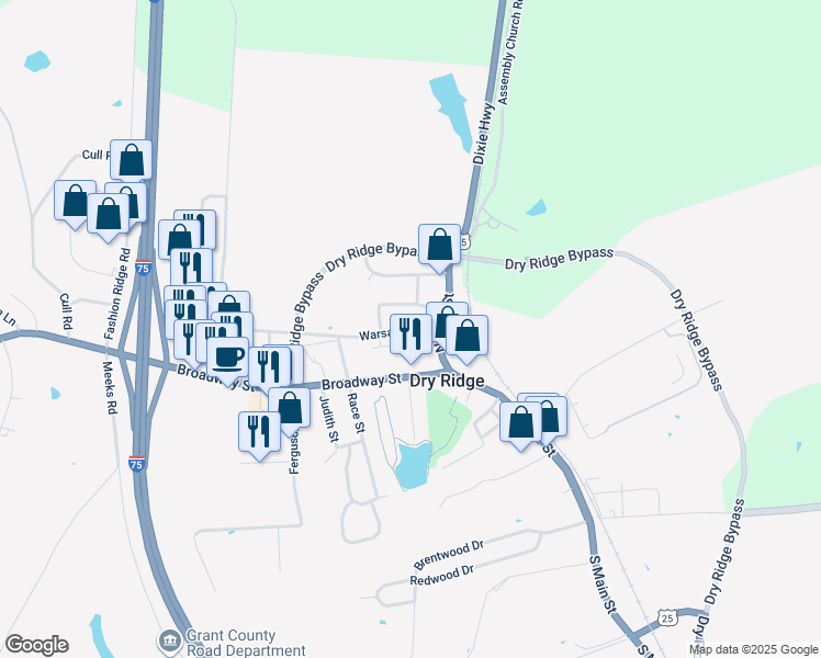 map of restaurants, bars, coffee shops, grocery stores, and more near 15 Warsaw Avenue in Dry Ridge