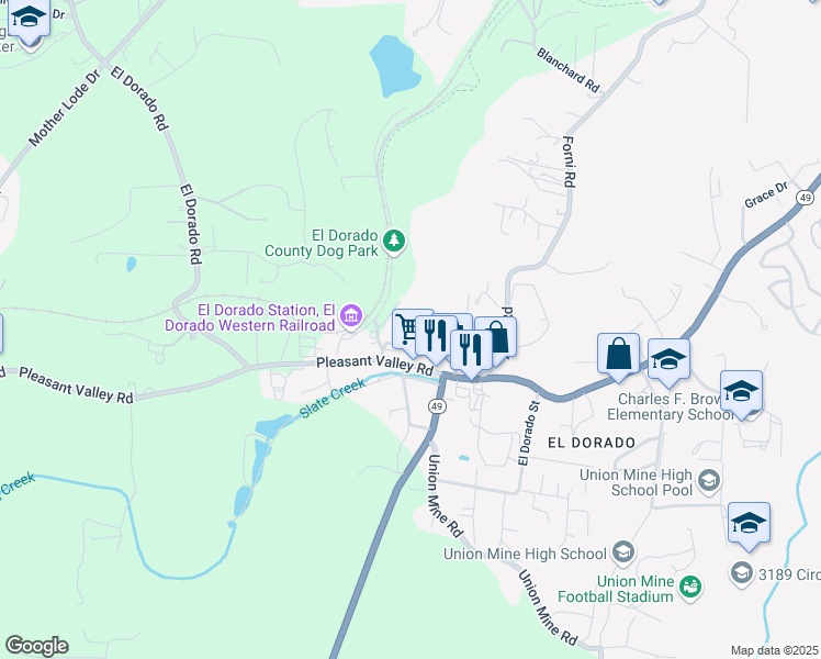 map of restaurants, bars, coffee shops, grocery stores, and more near 6201 North Street in El Dorado County