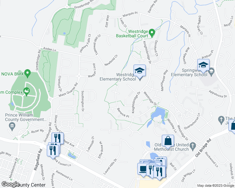 map of restaurants, bars, coffee shops, grocery stores, and more near 4412 Berwick Place in Woodbridge
