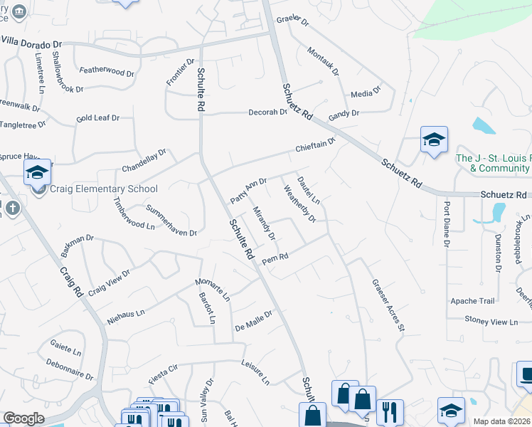 map of restaurants, bars, coffee shops, grocery stores, and more near 11019 Crimson Drive in St. Louis