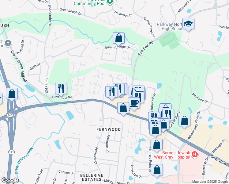 map of restaurants, bars, coffee shops, grocery stores, and more near 1254 Coral Bells Court in St. Louis