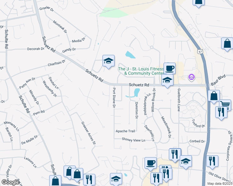map of restaurants, bars, coffee shops, grocery stores, and more near 1234 Port Diane Drive in Saint Louis