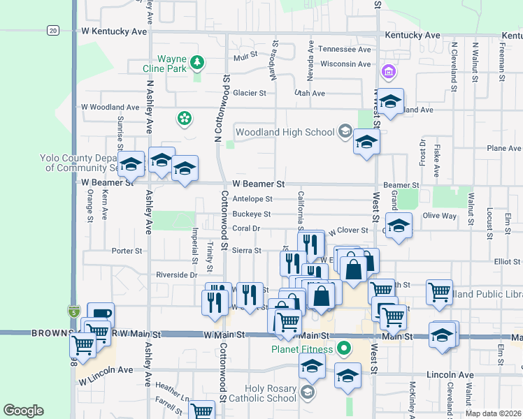 map of restaurants, bars, coffee shops, grocery stores, and more near 142 Buckeye Street in Woodland