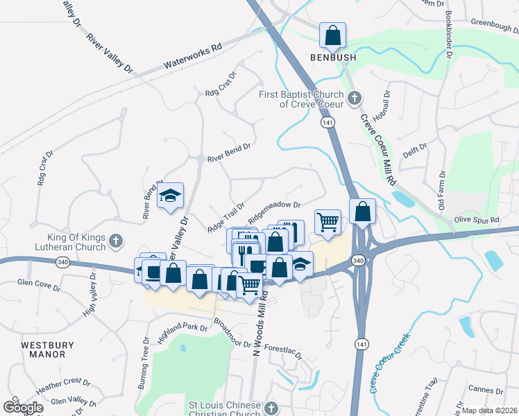 map of restaurants, bars, coffee shops, grocery stores, and more near 315 Ridgemeadow Drive in Chesterfield