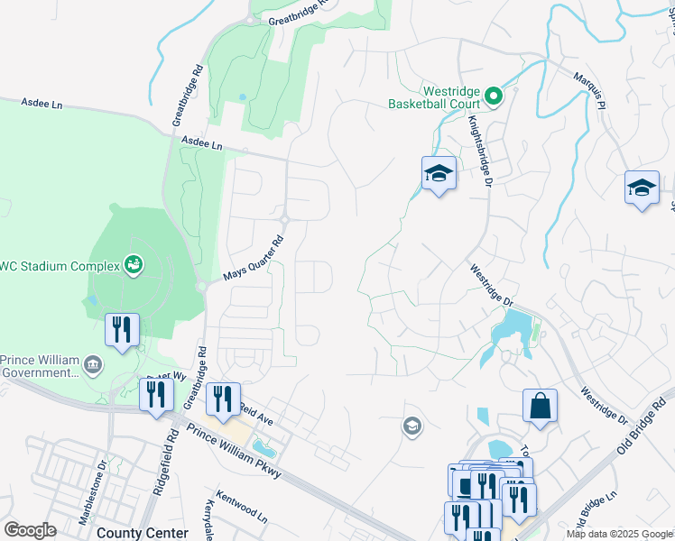 map of restaurants, bars, coffee shops, grocery stores, and more near 4541 Cotswold Manor Loop in Woodbridge