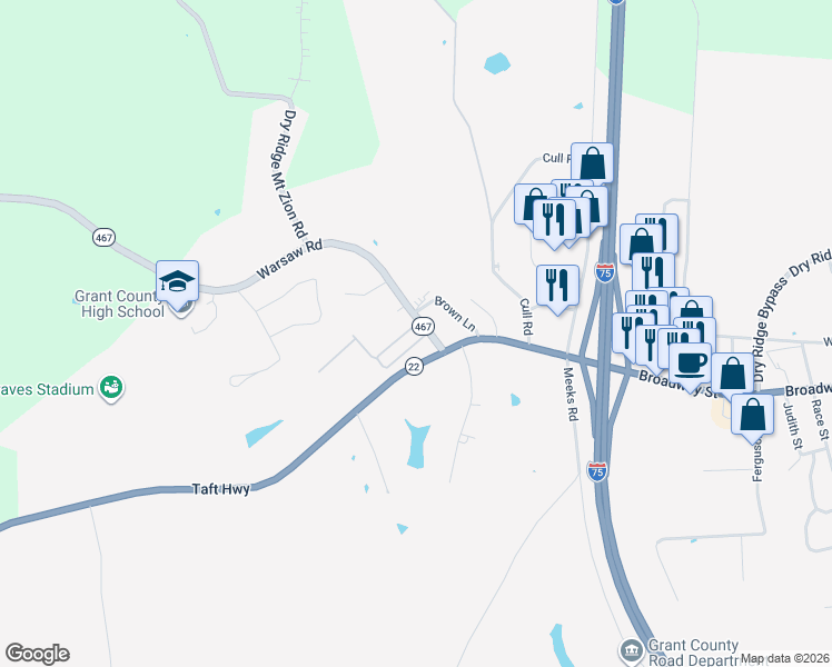 map of restaurants, bars, coffee shops, grocery stores, and more near 26 Taft Highway in Dry Ridge