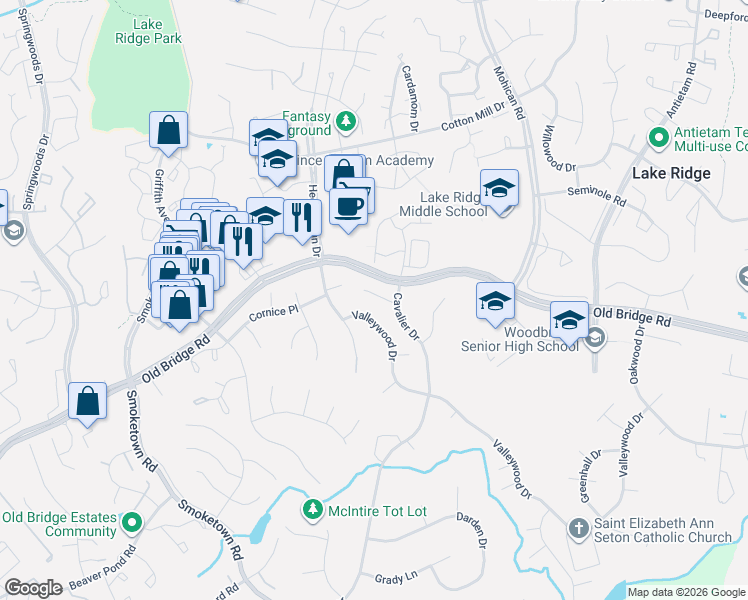 map of restaurants, bars, coffee shops, grocery stores, and more near 12450 Cavalier Drive in Woodbridge