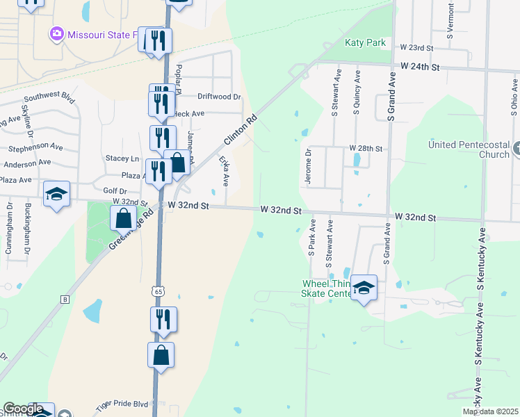 map of restaurants, bars, coffee shops, grocery stores, and more near 3199 Aaron Avenue in Sedalia