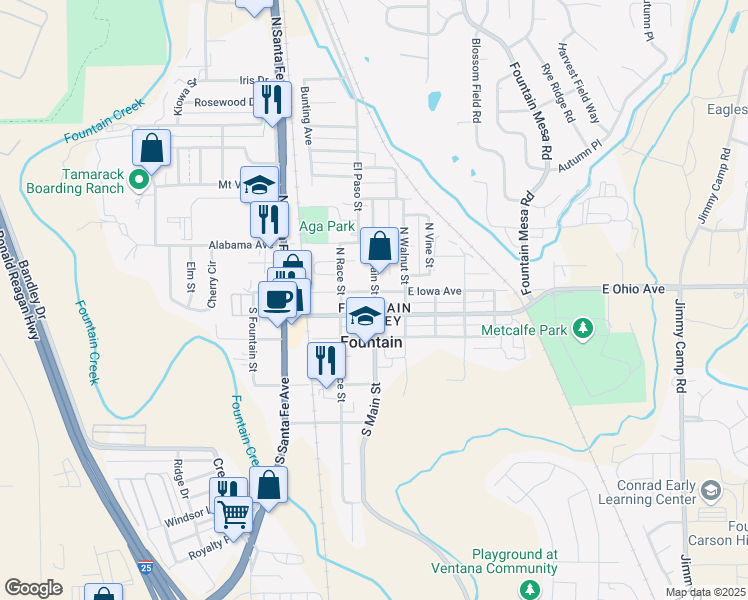 map of restaurants, bars, coffee shops, grocery stores, and more near 115 North Main Street in Fountain