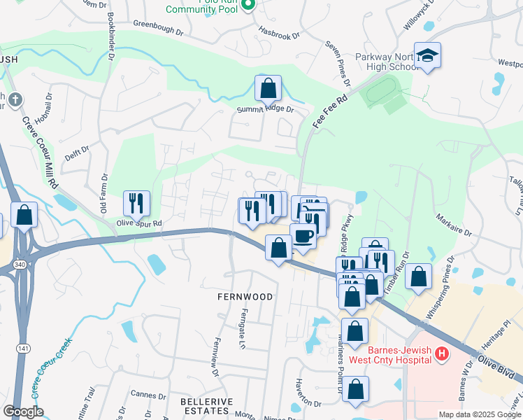 map of restaurants, bars, coffee shops, grocery stores, and more near 1254 Coral Bells Court in St. Louis