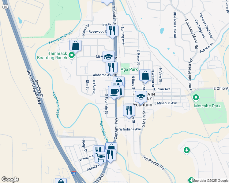 map of restaurants, bars, coffee shops, grocery stores, and more near 113 South Santa Fe Avenue in Fountain
