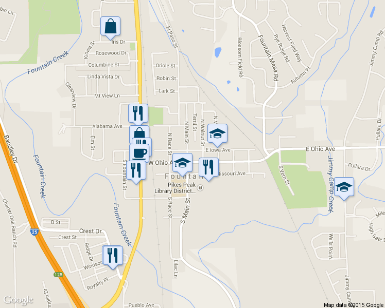 map of restaurants, bars, coffee shops, grocery stores, and more near 114 N Main St in Fountain