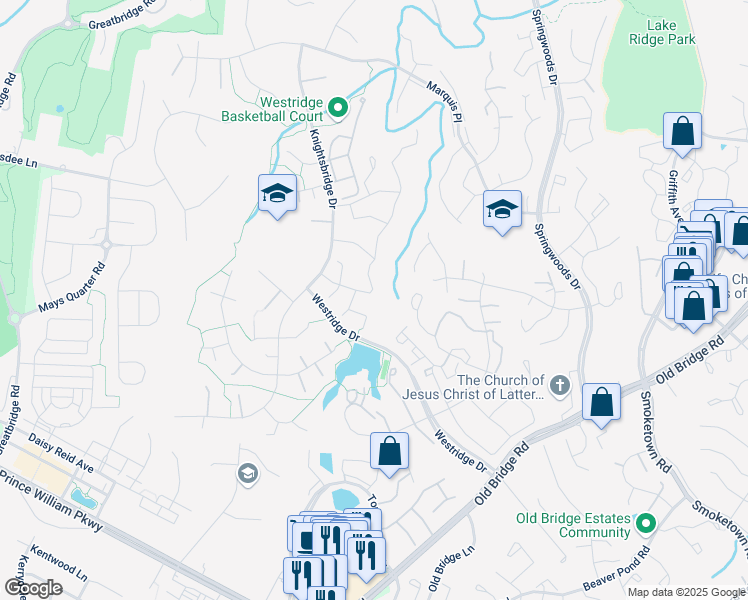 map of restaurants, bars, coffee shops, grocery stores, and more near 12499 Manchester Way in Woodbridge