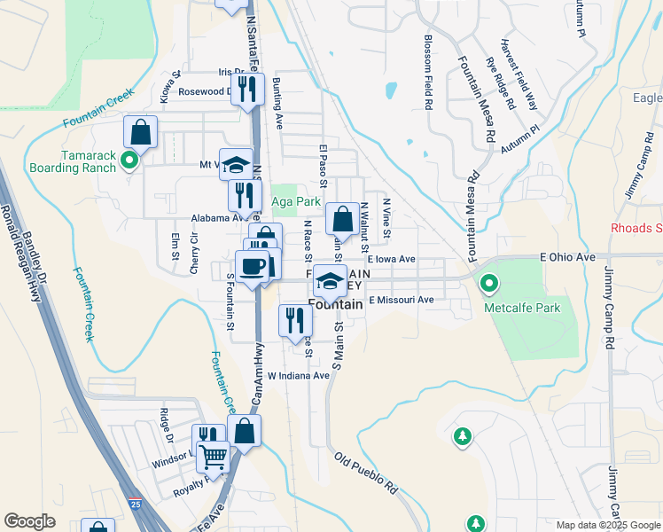 map of restaurants, bars, coffee shops, grocery stores, and more near 115 North Main Street in Fountain