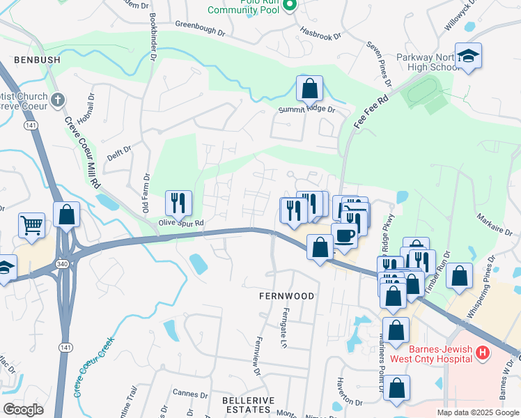 map of restaurants, bars, coffee shops, grocery stores, and more near 12917 Ray Trog Court in St. Louis