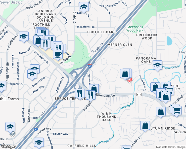 map of restaurants, bars, coffee shops, grocery stores, and more near 6430 Verner Avenue in Sacramento