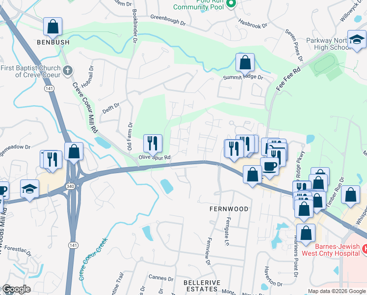 map of restaurants, bars, coffee shops, grocery stores, and more near 13105 Firtree Court in St. Louis