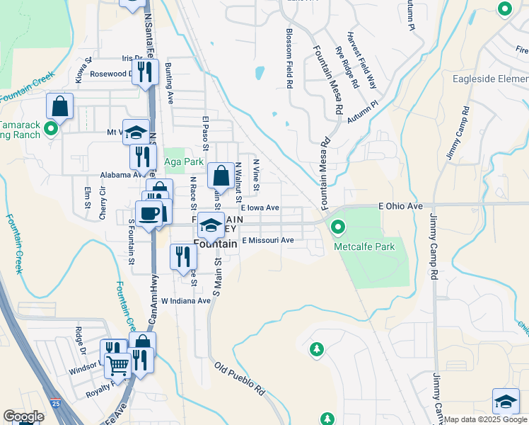 map of restaurants, bars, coffee shops, grocery stores, and more near 215 East Ohio Avenue in Fountain