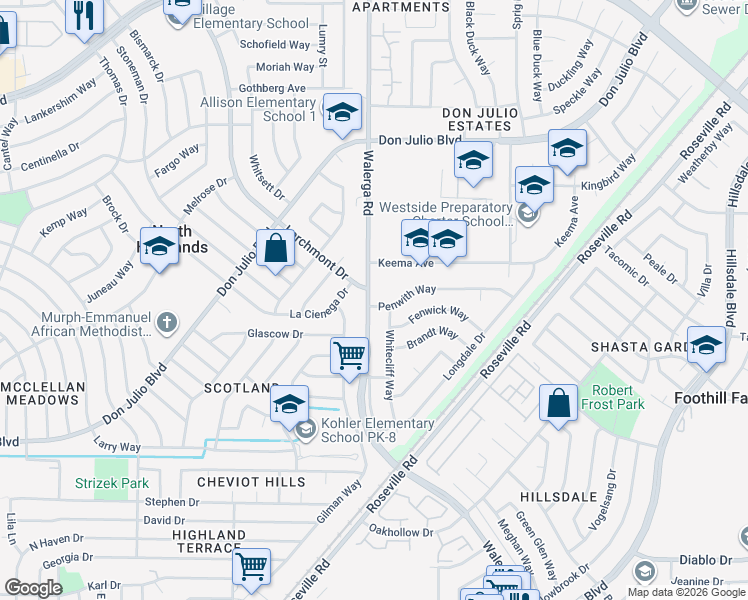 map of restaurants, bars, coffee shops, grocery stores, and more near 4345 Penwith Way in North Highlands